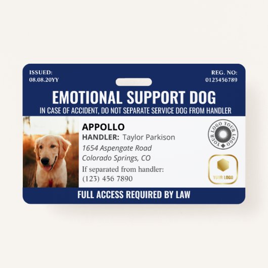 Navy Blue Service Dog 2 Logo & foto ID Badge (Voorkant)