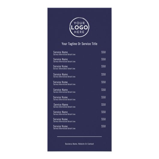 Navy Blue Services Menu Rack Card (Voorkant)