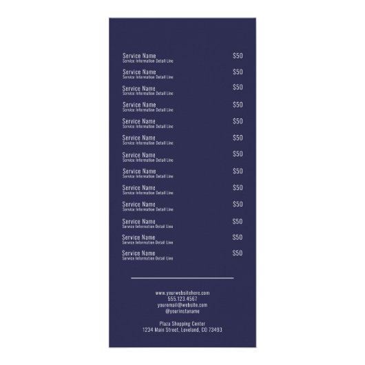 Navy Blue Services Menu Rack Card (Achterkant)