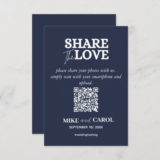 Navy Blue Share The Love Photo Qr Code Weddenschap Informatiekaartje (Voorkant / Achterkant)