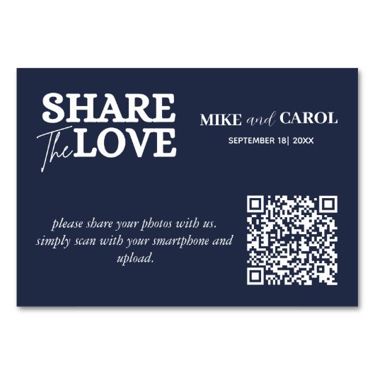Navy Blue Share The Love Photo Qr Code Weddenschap Kaart (Voorkant)