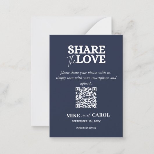 Navy Blue Share The Love Photo Qr Code Weddenschap Notitiekaartje (Voorkant)