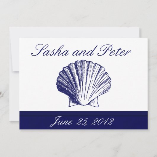 Navy Blue Shell Beach Wedding Invitations Kaart (Voorkant)
