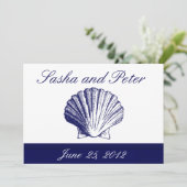 Navy Blue Shell Beach Wedding Invitations Kaart (Staand voorkant)