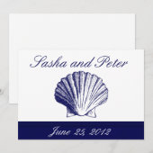 Navy Blue Shell Beach Wedding Invitations Kaart (Voorkant / Achterkant)