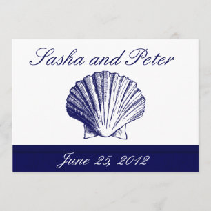 Navy Blue Shell Beach Wedding Invitations Kaart
