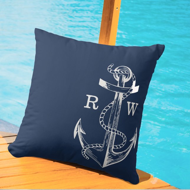 Navy Blue Ship Nautical Anchor & Rope Monogram Buitenkussen (Creator heeft geüpload)