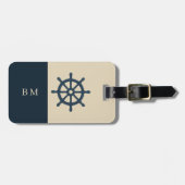 navy blue ship wheel & Monogram Beige Coastal home Bagagelabel (Voorkant horizontaal)