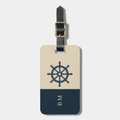 navy blue ship wheel & Monogram Beige Coastal home Bagagelabel (Voorkant verticaal)