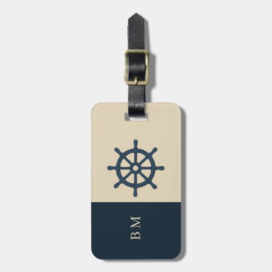 navy blue ship wheel & Monogram Beige Coastal home Bagagelabel (Voorkant verticaal)