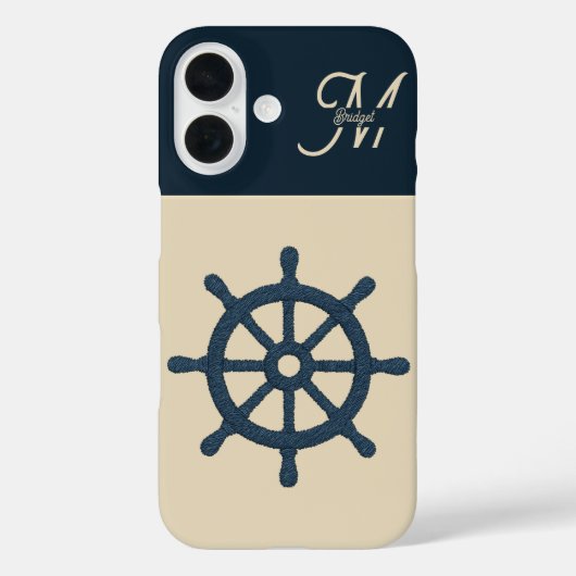 navy blue ship wheel & Monogram Beige Coastal home Case-Mate iPhone Case (Achterkant)