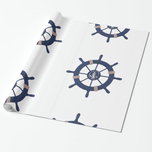 Navy Blue Ship Wheel Nautical Cadeaupapier (Uitgerold)