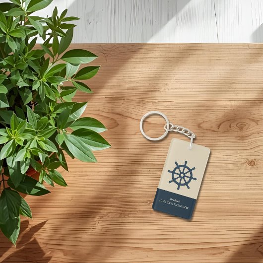 navy blue ship wheel with Name and Coordinates Sleutelhanger