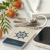 navy blue ship wheel with Name and Coordinates Sleutelhanger (Voorkant Rechts)