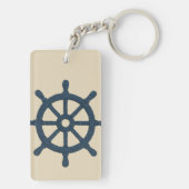 navy blue ship wheel with Name and Coordinates Sleutelhanger (achterkant)