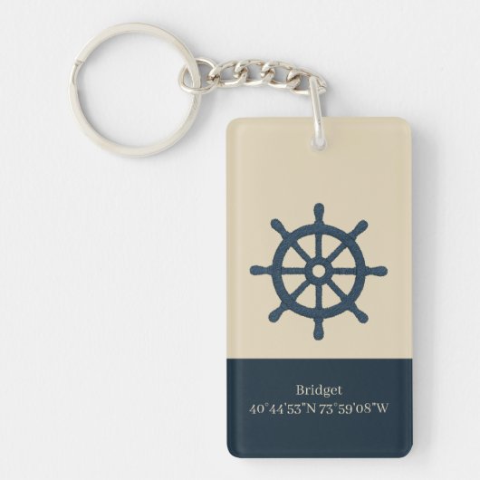 navy blue ship wheel with Name and Coordinates Sleutelhanger (Voorkant)