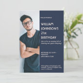 Navy Blue Sidebar Foto 21st Birthday, uitnodiging  (Staand voorkant)