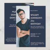 Navy Blue Sidebar Foto 21st Birthday, uitnodiging  (Voorkant / Achterkant)