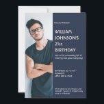 Navy Blue Sidebar Foto 21st Birthday, uitnodiging<br><div class="desc">Ontworpen door de Arty Apples</div>