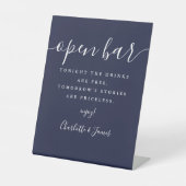 Navy Blue Signature Script Open Bar Reclamebord Met Voetstuk (Voorkant)