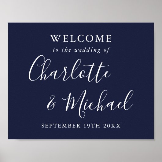 Navy Blue Signature Script Weddenschap Welkom Poster (Voorkant)