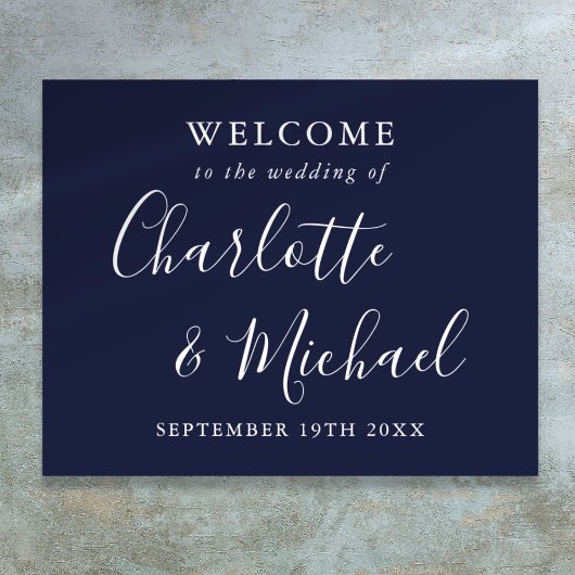 Navy Blue Signature Script Weddenschap Welkom Poster