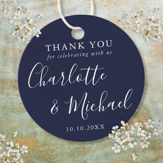 Navy Blue Signature Script Wedding Dank je wel Bedankjes Labels