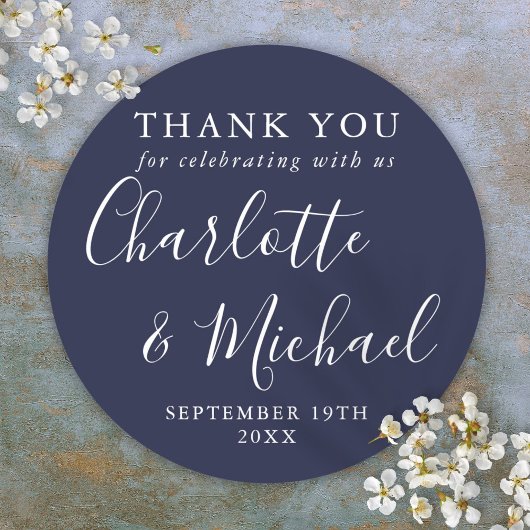  Navy Blue Signature Wedding Favor Thank You  Ronde Sticker