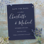 Navy Blue Signature Wedding Save the Date Card Briefkaart<br><div class="desc">Met de namen van de handtekeningsstijl kan dit elegante marinesblauw sparen de datumkaart met uw speciale gebeurtenisdetails in stijlvol wit lettering worden gepersonaliseerd. Ontworpen door: Thisnotme©</div>