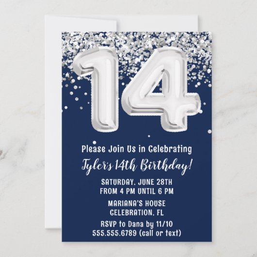 Navy Blue Silver 14e verjaardagsfeest Kaart (Voorkant)