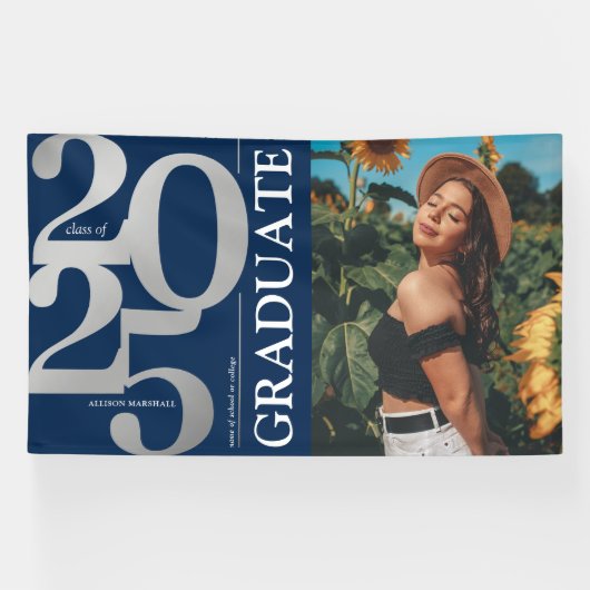 Navy Blue Silver 2025 Afstuderen Foto Afstuderen Spandoek (Horizontaal)