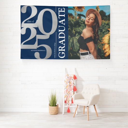 Navy Blue Silver 2025 Afstuderen Foto Afstuderen Spandoek (Insitu)