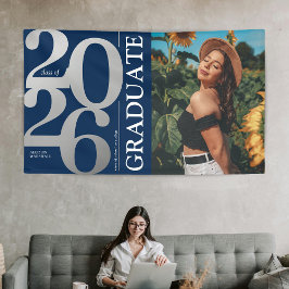 Navy Blue Silver 2025 Afstuderen Foto Afstuderen Spandoek