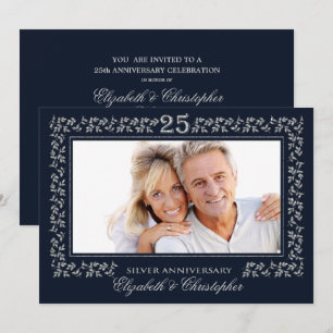 Navy Blue Silver 25th Wedding Jubileum Foto Kaart