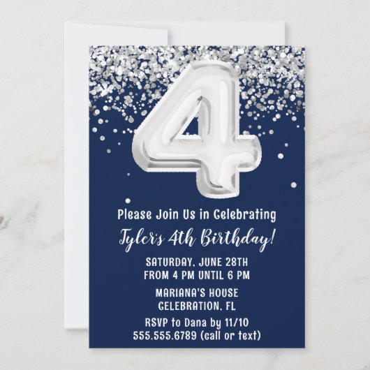 Navy Blue Silver 4e verjaardagsfeest uitnodiging (Voorkant)