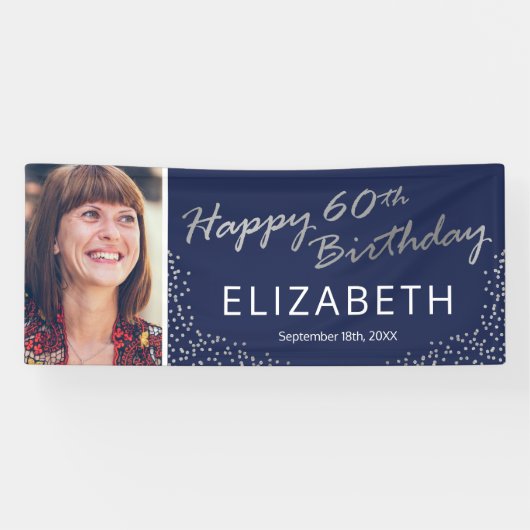 Navy Blue Silver 60e verjaardag Afbeelding Spandoek (Horizontaal)