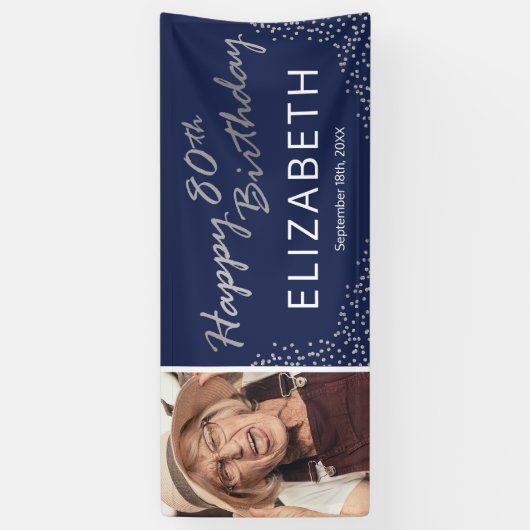 Navy Blue Silver 80e verjaardag Afbeelding Spandoek (Verticaal)