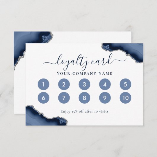 Navy Blue Silver Agaat Glitter Loyalty Kaart (Voorkant / Achterkant)