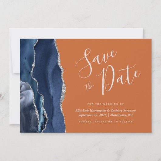 Navy Blue Silver Agate Burnt Oranje Save the Date Kaart (Voorkant)