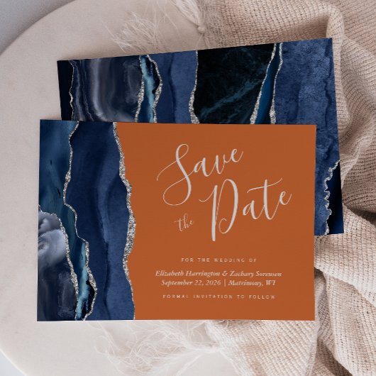 Navy Blue Silver Agate Burnt Oranje Save the Date Kaart