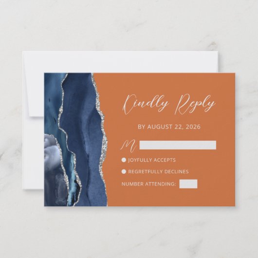 Navy Blue Silver Agate Burnt Oranje Script RSVP Kaartje (Voorkant)