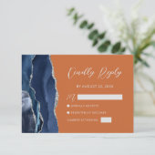 Navy Blue Silver Agate Burnt Oranje Script RSVP Kaartje (Staand voorkant)