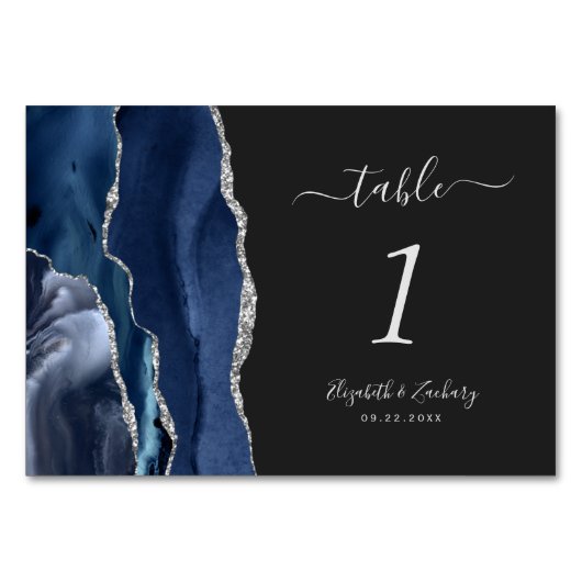 Navy Blue Silver Agate Dark Wedding Kaart (Achterkant)