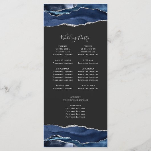 Navy Blue Silver Agate Dark Wedding Programmakaart (Achterkant)