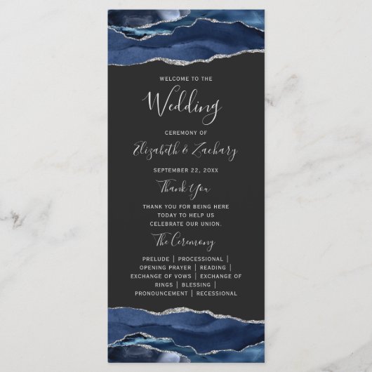 Navy Blue Silver Agate Dark Wedding Programmakaart (Voorkant)