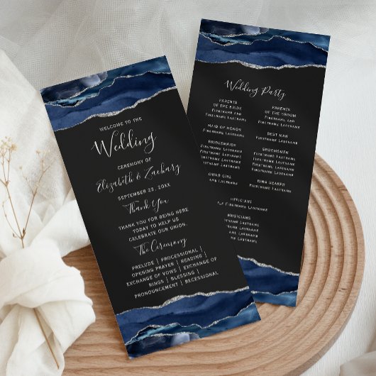 Navy Blue Silver Agate Dark Wedding Programmakaart