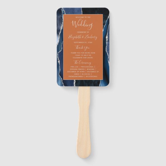 Navy Blue Silver Agate Dark Wedding Programme Handwaaier (Voorkant)