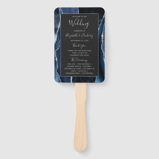 Navy Blue Silver Agate Dark Wedding Programme Handwaaier (Voorkant)