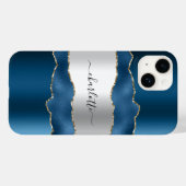 Navy blue Silver agate marble Name script Case-Mate iPhone Case (Achterkant (horizontaal))