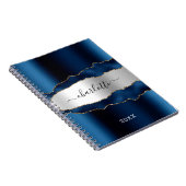 Navy blue Silver agate marble Name script Notitieboek (Rechterzijde)